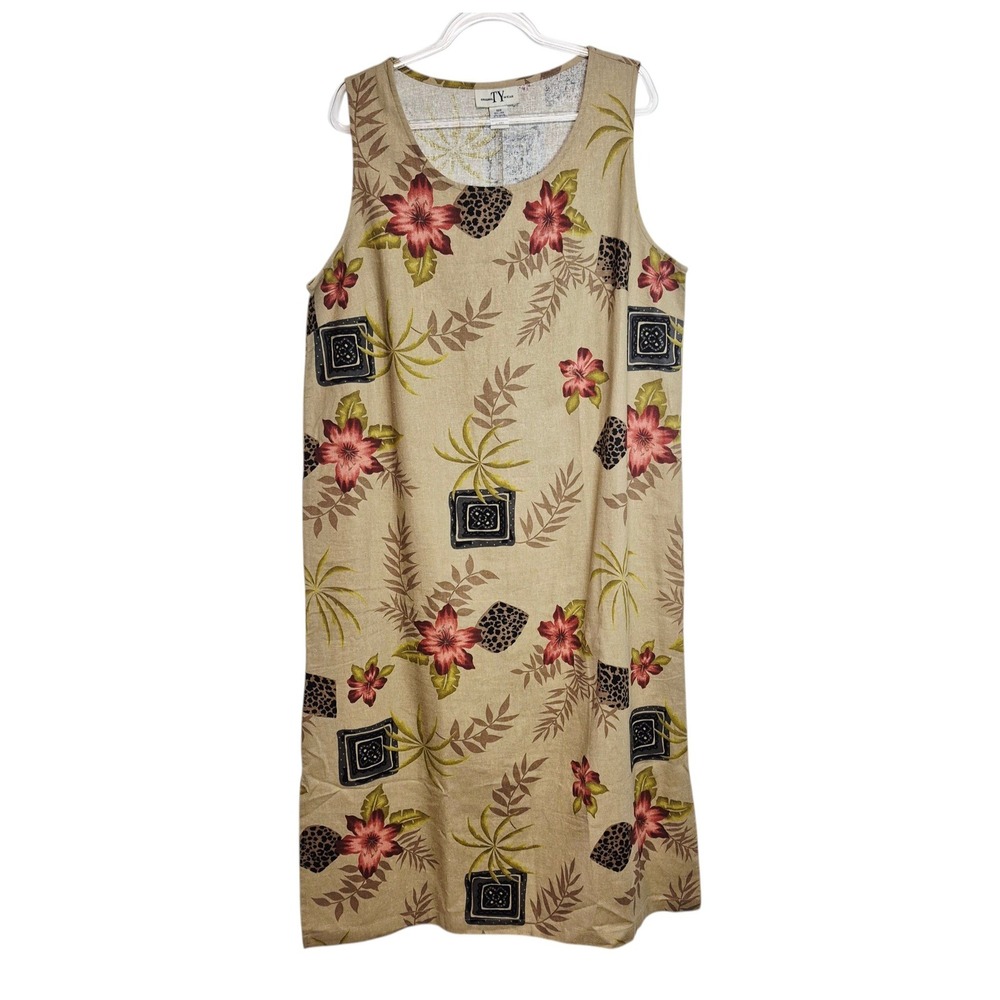 Original TY Wear Womens 18W‎ Linen Blend Tropical Floral Leopard Shift Dress Tan